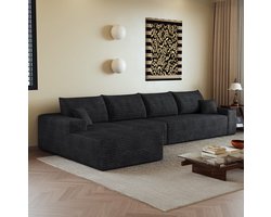 OKWISH Hoekbank – 4-Zits Met L-Vormige Chaise Longue – Diepe Zitting, Zacht Ribfluweel, Geen Montage Nodig – Woonkamer of Slaapkamer – Zwart