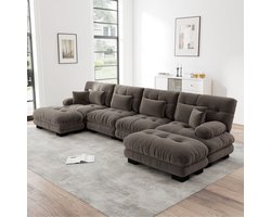OKWISH Hoekbank – 4-Zits Modulaire Bank Met Verplaatsbare Ottomaan – Woonkamer Of Kantoor – Chenille – Bruin