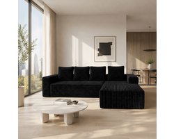 OKWISH Hoekbank – 4-Zits Modulaire Hoekbank Met L-vormige Chaise Links – Diepe Zit, Geen Montage – Woonkamer – Stof – Zwart