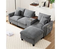 OKWISH Hoekbank - 4-Zits Modulaire L-Vorm Bank Met Hocker - Met Console, 2 Bekervakken & 2 USB-Poorten - Met Opbergruimte & 2 Kussens - Cordstof - Grijs