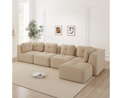 OKWISH Hoekbank - 4-Zits Modulaire L-Vorm Met Diepe Zitting En Zachte Kussens - Woonkamer - Cord - Beige