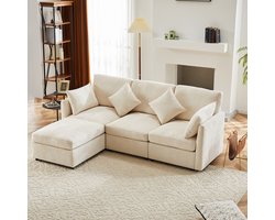 OKWISH Hoekbank – 4-Zits Sofa Voor 3-4 Personen Met Verplaatsbare Voetkruk – Zachte Rugvulling & 4 Kussens – Diepe Zit 55 cm – Chenille – Beige
