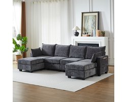 OKWISH Hoekbank 6-Zits - Modulair Slaapbank Met Opbergruimte En Ottomaan - Voor Woonkamer En Logeerkamer - Chenille - Grijs