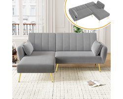 OKWISH Hoekbank - L-vormige Zithoek Met Slaapfunctie en Verwisselbare Chaise Longue - 3-standen Verstelbare Rugleuning en Opbergtassen - Fluweel - Grijs