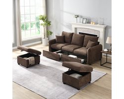OKWISH Hoekbank Met 2 Poefs 52x52 cm - Om Te Vormen Tot L-Vorm Of Bed - Met Lades En Opbergruimte - Chenille - Antiekbruin