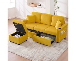 OKWISH Hoekbank – Modulaire Zitbank Met LED, USB-C & Opberglades Met Wielen – Met Zijvakken & Bekerhouders – Corduroy – Geel