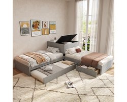 OKWISH Hoekbed 90x200 cm – Met Uitschuifbed En Opbergkast – Met 2 Lades En Lattenbodem – Zonder matras – Linnen – Grijs