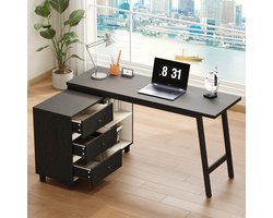 OKWISH Hoekbureau – L-Vorm Met 3 Laden En 2 Open Vakken – Voor Thuiswerk En Studie – MDF En Metaal Zwart Wit – 150x100x76 cm