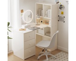 OKWISH Hoekbureau – Met Boekenkast – 117x63x135 cm – 4 Open Vakken – 3 Lades – Hout Wit – Voor Thuiswerk En Studie