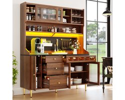 OKWISH Hoge Kast Met LED-Verlichting En Wijnrek Met Lade Voor Keuken Of Woonkamer MDF En Glas Walnoot 145×39×171 Cm