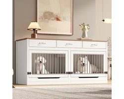 OKWISH Hondenbench Meubel – Voor 2 Honden – Met Klapdeksel En 3 Laden – MDF En Metaal Wit/Naturel – 164×60×81 cm