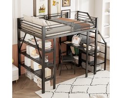 OKWISH Hoogslaper 140x200 cm - met Bureau en Kast - Veilig Trap met Opbergruimte en 3 Opbergplanken - Metaal - Zwart - Zonder matras
