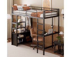 OKWISH Hoogslaper 90x200 Cm - Eenpersoonsbed Met Bureau En Open Kast - Met Rausfallschutz En USB-Aansluiting - Metaal - Zwart