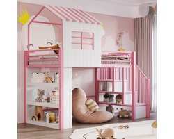 OKWISH Hoogslaper 90x200 cm - Huisvorm Met Veiligheidshek En Trap Met Opbergruimte - Met Rek - Zonder matras - MDF Metaal - Roze