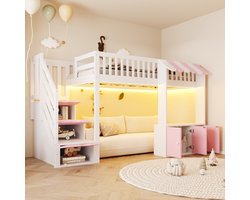 OKWISH Hoogslaper 90x200 cm – Met Opbergtrap En Led Sfeerverlichting – Met Opbergruimte Onder Bed – Kinderkamer – Hout – Zonder matras – Roze Wit