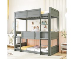 OKWISH Hoogslaper 90x200cm – Drie Slaapplaatsen Stapelbaar – Om te Bouwen tot Eenpersoonsbed – Zonder Matras – Hout – Grijs
