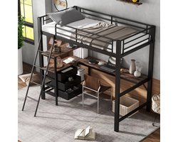 OKWISH Hoogslaper 90x200cm – Met 2m Bureau En 3 Lades – Schuine 4 Treden Ladder – Met Opbergruimte – Zonder matras – Metaal Hout – Zwart