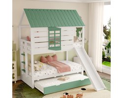 OKWISH Huis Stapelbed 90x200cm - Glijbaan en Uittrekbed - Speelhuis Ontwerp Voor Kinderkamer - Grenen/MDF - Wit+Groen - Zonder matras