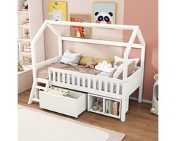 OKWISH Huisbed 90x200cm – Kinderbed Met Trapje En Anti Uitvalhek – Met Lades En Opbergvakken – Zonder Matras – Massief Hout – Wit