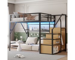 OKWISH Kamerhoogslaper 140x200 cm - Met App-LED, Veiligheidsnet En Trap Met Opbergruimte En Kledingkast - Metaal - Zwart - Zonder matras