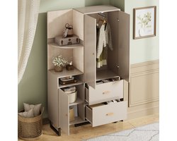 OKWISH Kapstokkast – Compacte Flurgarderobe Met Gestoffeerde Paneelfronten – 110x38x186 cm – 1 Deur 2 Laden 3 Vakken – MDF Beige+Grijs