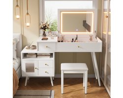 OKWISH Kaptafel - 2-in-1 Met Klapspiegel En Led - Met Kruk En Opbergruimte - Wit Bamboe En MDF - 120x50x77,5 cm