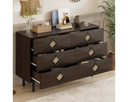 OKWISH Kaptafel – 6 Lades – Rotan Ruitgrepen – Met Kabeldoorvoer – Multifunctioneel Opbergtafel Slaapkamer/Woonkamer – MDF;Spaanplaat Notenbruin – 120x40x74 cm