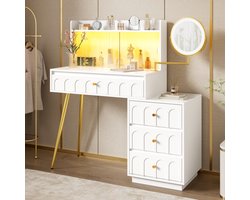OKWISH Kaptafel – Draaibare Led-Spiegel – 4 Lades En Glazen Schuifdeuren – Slaapkamer – MDF Wit – 112 x 34,5 x 116 cm
