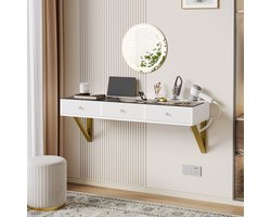 OKWISH Kaptafel Hangend - 3 Schuifladen Met Glasblad - Make-up Opbergen Voor Slaapkamer - MDF En Spaanplaat Wit - 120×40×45 Cm