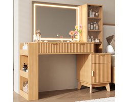 OKWISH Kaptafel - LED-Spiegel Met 3 Lichtstanden En Oplaadstation - 133 x 40 x 136 cm - 3 Lades En Glazen Planken - MDF Naturel