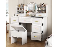 OKWISH Kaptafel - Make-up Tafel Met 9 Laden En Spiegel - LED Verlichting Inclusief - 120x40x135 cm - Spaanplaat - Wit
