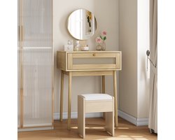 OKWISH Kaptafel Met Spiegel - Rotan Look - Slaapkamer En Kleedkamer - MDF Eiken - Met Lades Voor Make Up En Sieraden
