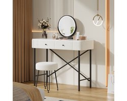 OKWISH Kaptafel Met Verlichte Spiegel En Krukje - 3 Lichtkleuren Instelbaar - 100×40×120 Cm - 2 Lades Met Opbergruimte - Spaanplaat Wit