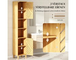 OKWISH Kast - Hoge Hoekkast Met Open Vakken En Verstelbare Planken - Badkamer En Smalle Ruimtes - Bamboe En Spaanplaat Naturel - 32x30x170 cm