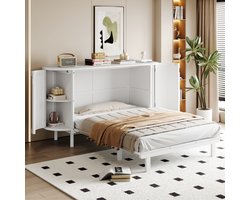 OKWISH Kastbed 140x200 cm - Ruimtebesparend Wandbed met Rotan Deuren - Klapsysteem met Opbergniches - Voor Kleine Slaapkamers - Hout - Wit - Zonder matras