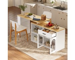 OKWISH Keuken Eiland - 360° Draaibare Tafelplaat - Opbergruimte Met Lade En Planken - Voor Keuken En Kleine Ruimtes - MDF Wit