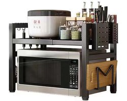 OKWISH Keuken Opbergrek - Uitschuifbaar Keukenrek - Verstelbaar Keuken Organizer - Keukenkast Rek met Haken - Koolstofstaal - Zwart