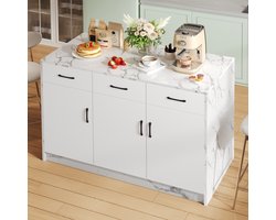 OKWISH Keukeneiland – Barzone – 120x60x90,5 cm – 3 Lades + 3 Deuren – Verstelbare Planken – MDF Wit+Wit Marmer
