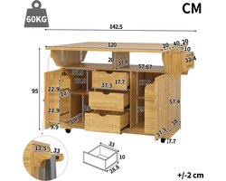 OKWISH Keukeneiland - Met Uitklapbare Zijtafels En 3 Lades - Verrijdbaar Voor Keuken En Terras - MDF Bruin - 142,5 x 80 x 95 cm