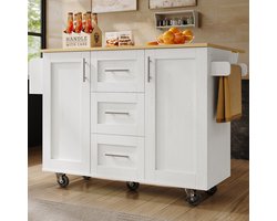 OKWISH Keukeneiland – Mobiele Keukentrolley Met Uitklapbare Zijden En Afneembare Rollen – 135x46-74x86,6/87,2 cm – 3 Lades + Deur Met Snackrek – MDF Wit