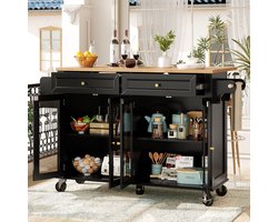 OKWISH Keukeneiland – Mobiele Serveerwagen Met 5 Rollen (2 Met Rem) – Uittrekbaar Werkblad – 1 Lade En Glazen Deuren – MDF Zwart – 140x72.5x90 cm