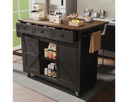 OKWISH Keukeneiland Op Wielen Met Uitschuifbaar Blad Voor Koken En Serveren MDF Zwart 140x45 140x73x94 Cm 3 Lades