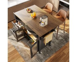 OKWISH Keukeneiland Op Wielen - Uitklapbaar Werkblad En Eettafel - Met Led En Glazen Vitrinedeur - MDF Zwart - 139×40×94 Cm