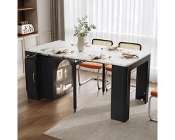 OKWISH Keukeneiland – Uittrekbare Eettafel Met Wielen – LED Kleurverloop + USB/Type-C – MDF Wit+Zwart – 83×39.6~79.6~119.6~149.6×77 cm