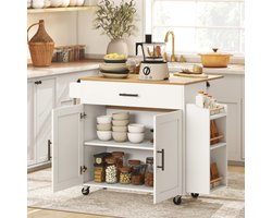 OKWISH Keukeneiland - Verrijdbare Keukenwagen Met Opklapbaar Werkblad - Keukenhulp Voor Koken En Opbergen - Hout Wit - 120x68x85 Cm