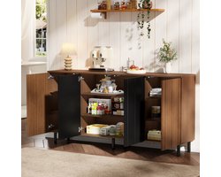 OKWISH Keukenkast - Buffetkast Met 4 Deuren En Verstelbare Legplanken - 160 x 35 x 80 cm - Veel Opbergruimte - Spaanplaat Walnoot En Zwart