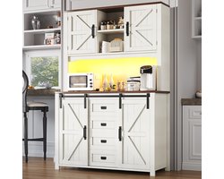 OKWISH Keukenkast Dressoir – 115×40×174,7 cm – 2 Schuifdeuren + 2 Laden – Met RGB LED App-Bediening – MDF Wit/Metaal – X-Deur Vintage Ontwerp