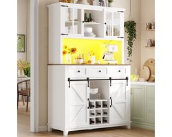 OKWISH Keukenkast – Vitrinekast Met Glasdeuren + Schuifdeur – 3 Verstelbare Planken Incl Wijnrek – LED App Muziek‑Sync – MDF Wit – 105×38.4×180 cm