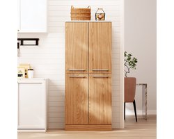 OKWISH Keukenkast Voorraadkast – 76 x 42 x 180 cm – 4 Deuren – Verstelbare Planken – Voor Keuken En Eethoek – MDF Wit Naturel