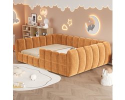 OKWISH Kinderbed 140 x 200 cm - Gestoffeerd Vloerbed Met Gesloten Ombouw en Afgeronde Hoeken - Zonder Matras - Stof - Oranje